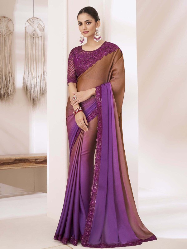 Chocolate And Purple Shaded Chiffon Saree